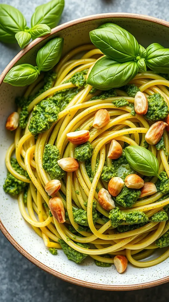 A bowl of zucchini noodles topped with pesto and nuts, garnished with fresh basil leaves.