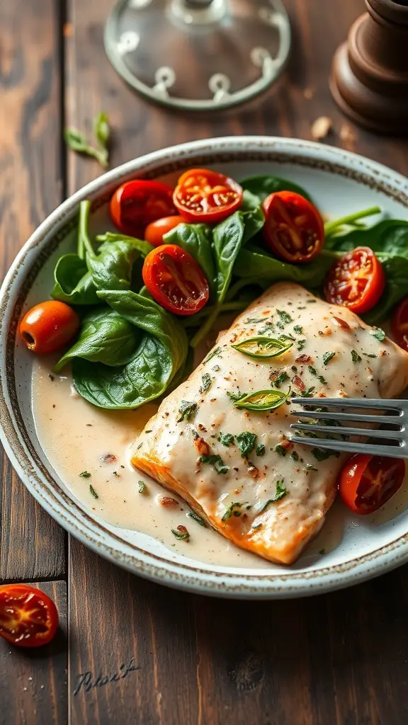 A plate of creamy garlic Tuscan salmon with spinach and cherry tomatoes