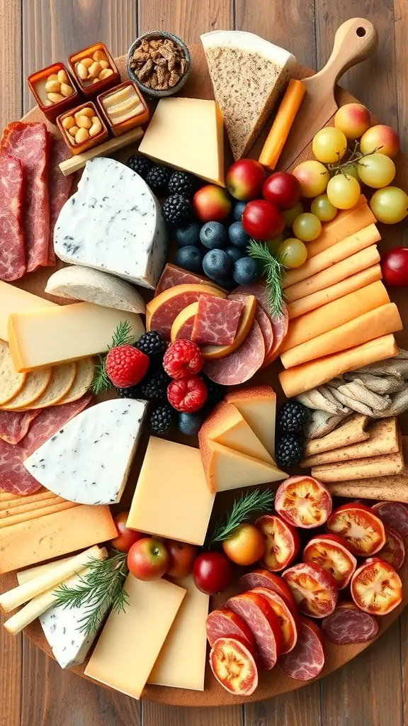 A beautifully arranged cheese and charcuterie board featuring various cheeses, cured meats, fruits, and snacks.
