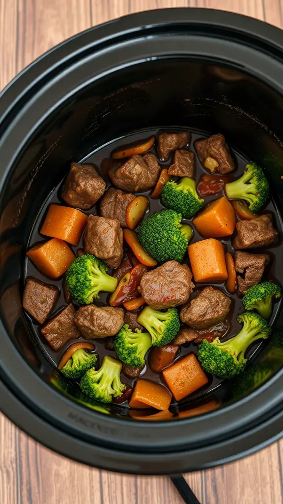 A crockpot filled with beef chunks, broccoli, and carrots, ready to be cooked.