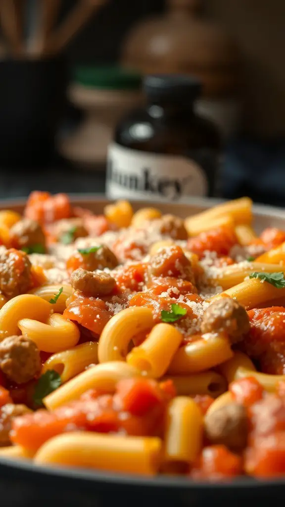 A close-up of hamburger macaroni casserole with creamy tomato sauce, meatballs, and cheese.