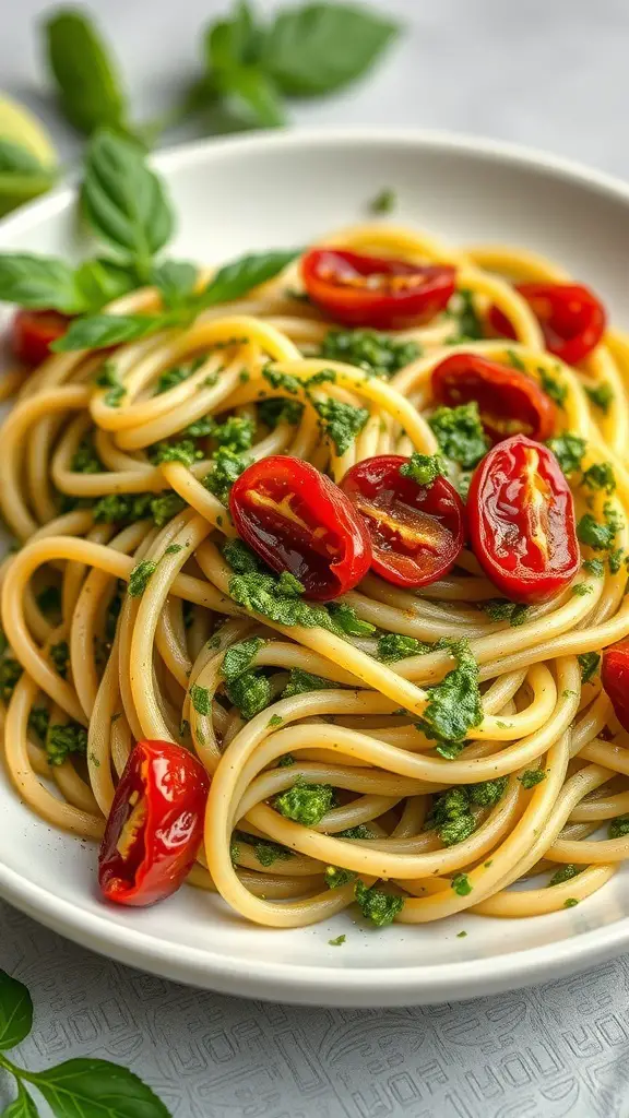 A plate of Cellentani pasta with pesto and sun-dried tomatoes
