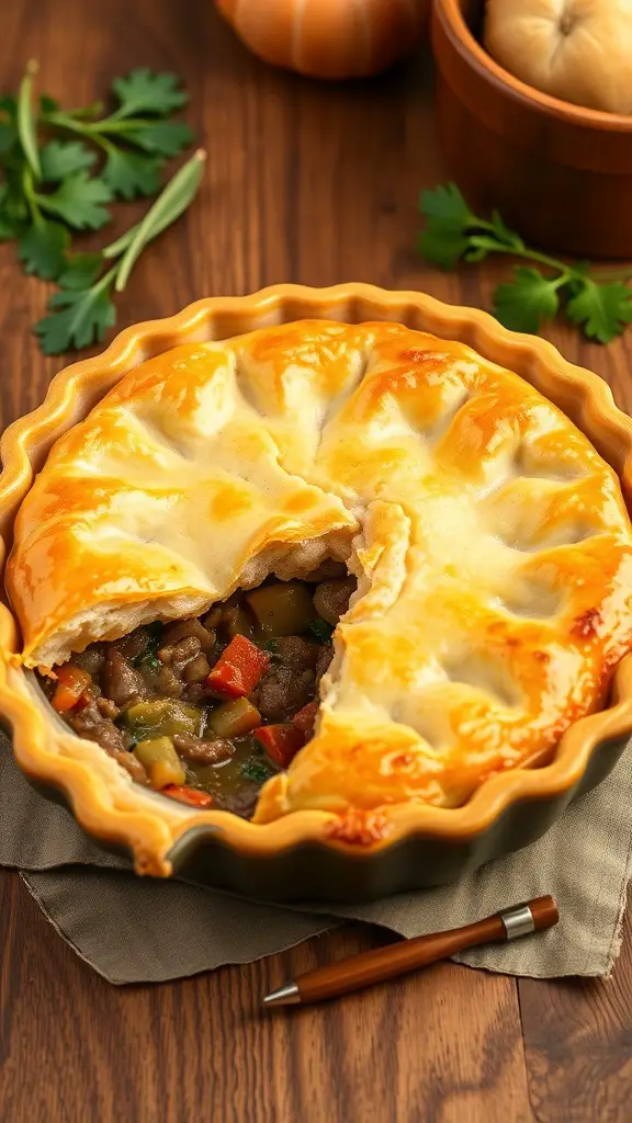 A delicious beef and vegetable pot pie with a golden crust and colorful filling, placed on a wooden table.