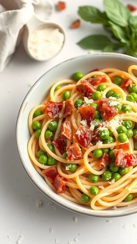 A bowl of fettuccine pasta with peas and pancetta, garnished with cheese and fresh basil.