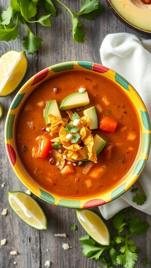 A colorful bowl of zesty tortilla soup garnished with tortilla strips, cilantro, and lime wedges.