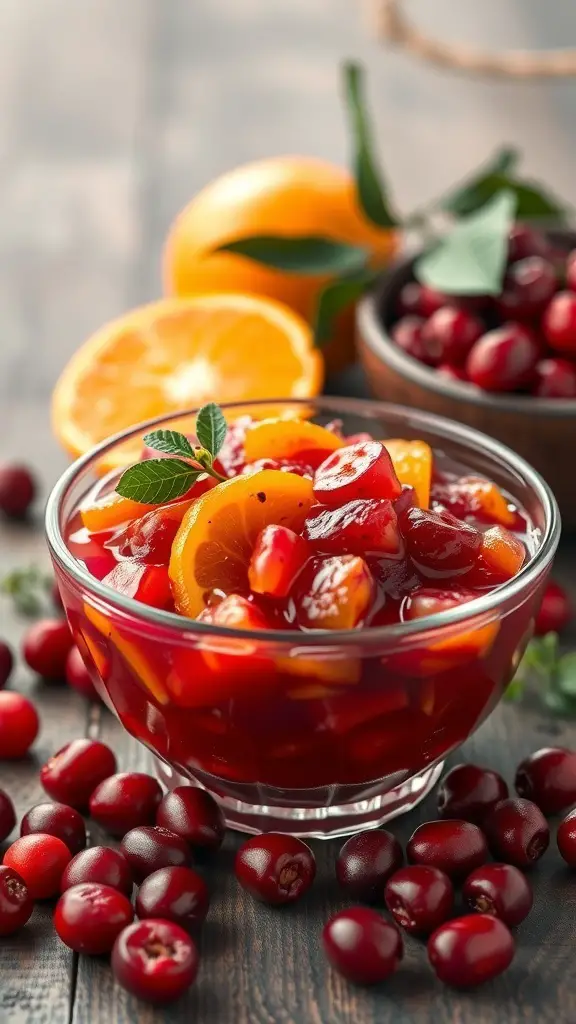 A bowl of cranberry orange relish with fresh cranberries and oranges in the background.
