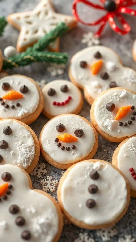 Decorated Frosty the Snowman cookies with chocolate chips and orange carrot noses