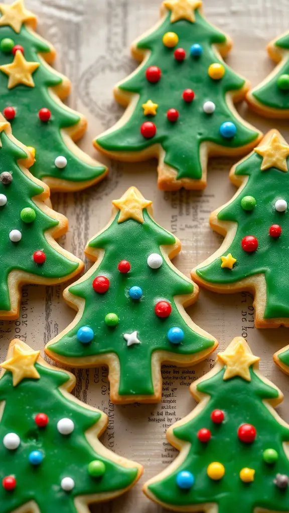 Decorated Christmas tree sugar cookies with colorful icing and sprinkles