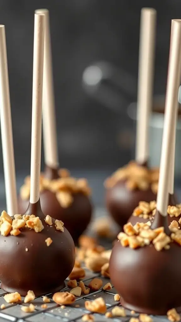Delicious mocha hazelnut cake pops topped with crushed hazelnuts.