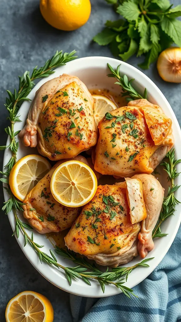Roasted turkey thighs garnished with lemon slices and herbs