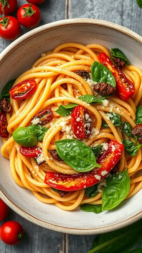 A bowl of pasta with sun-dried tomatoes and spinach, garnished with cheese and surrounded by cherry tomatoes.