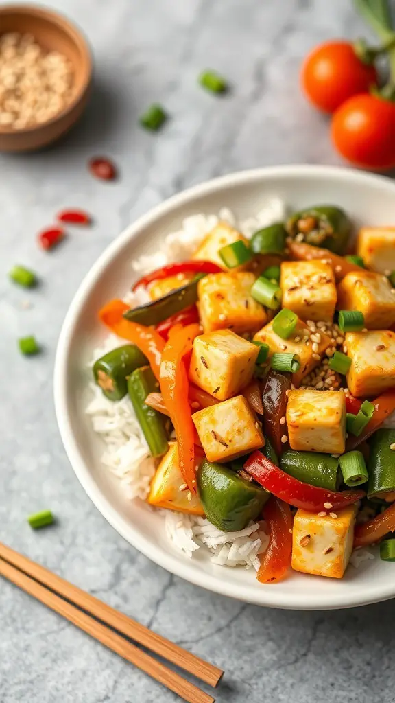 A colorful vegetable stir-fry with tofu served over rice, garnished with green onions and sesame seeds.