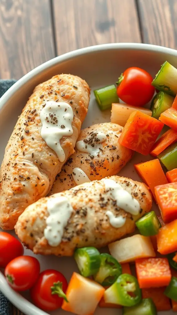 Plate of ranch seasoned baked chicken tenderloins with colorful vegetables