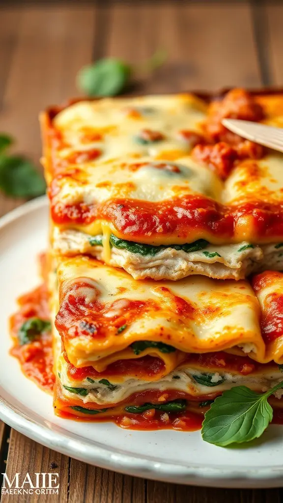 A delicious serving of Turkey and Spinach Lasagna with layers of pasta, sauce, and cheese.