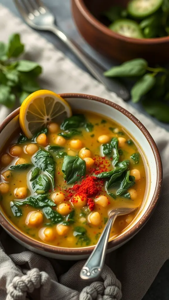 A bowl of Chickpea and Spinach Soup with a slice of lemon on top, surrounded by fresh greens.
