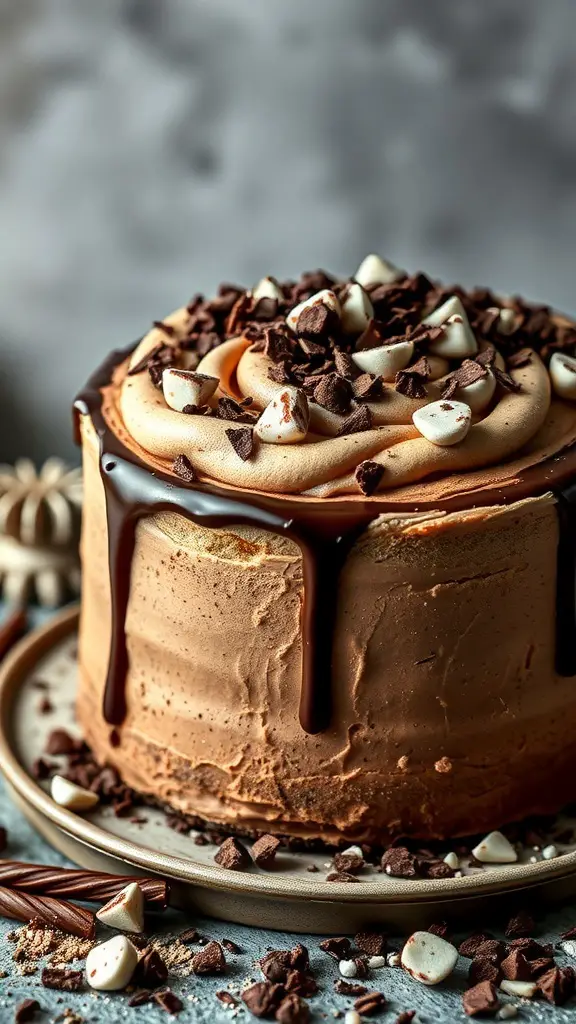 A beautifully decorated Peppermint Mocha Cake with chocolate shavings and marshmallows on top.