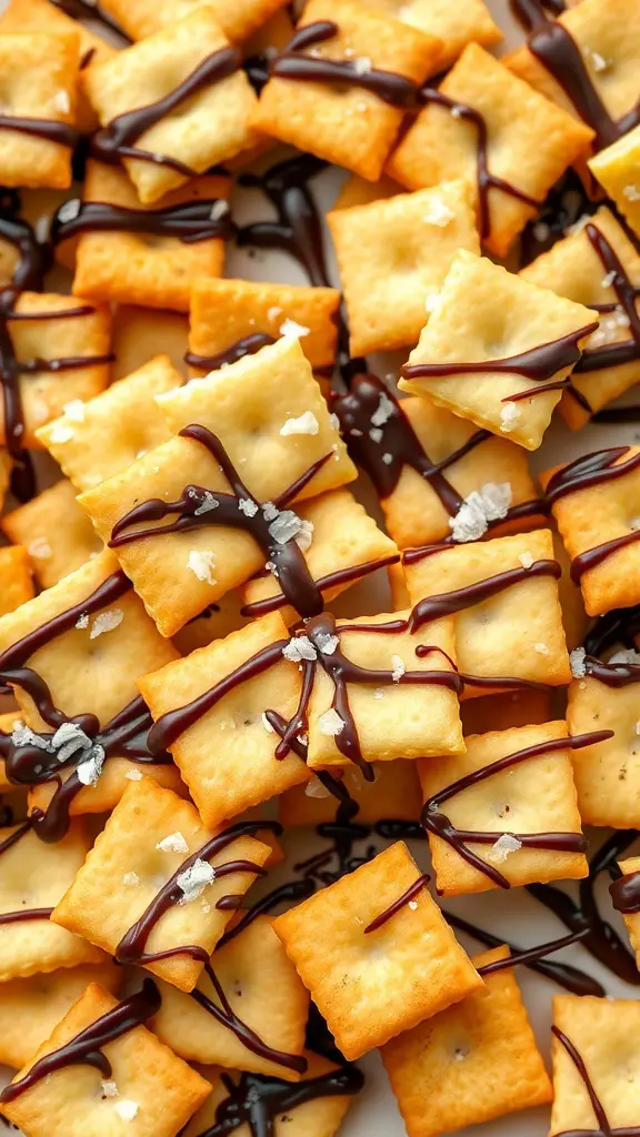 A close-up of club crackers drizzled with chocolate and sprinkled with sea salt.