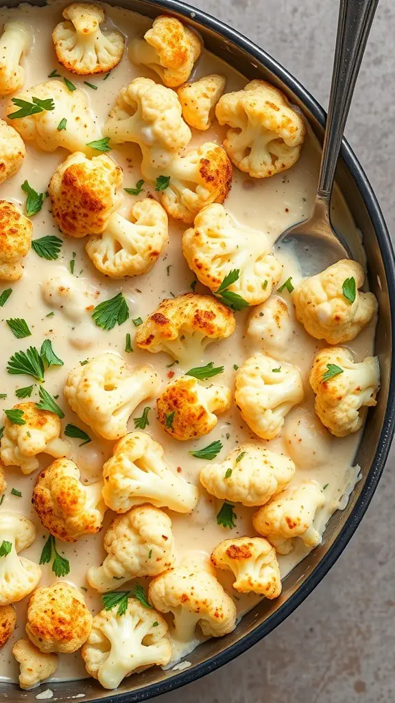 A creamy cauliflower Alfredo casserole topped with golden-brown cauliflower florets and garnished with parsley.