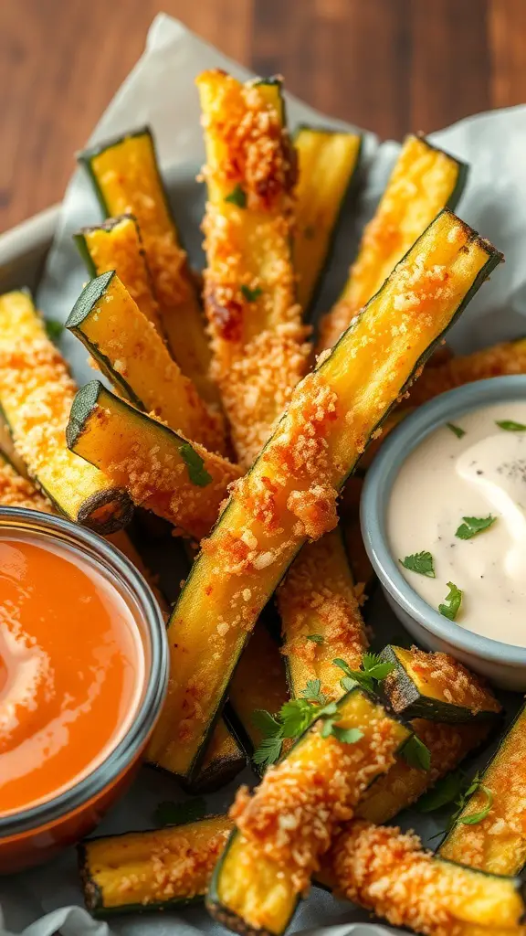 A plate of crispy Parmesan zucchini fries served with marinara and ranch dipping sauces.