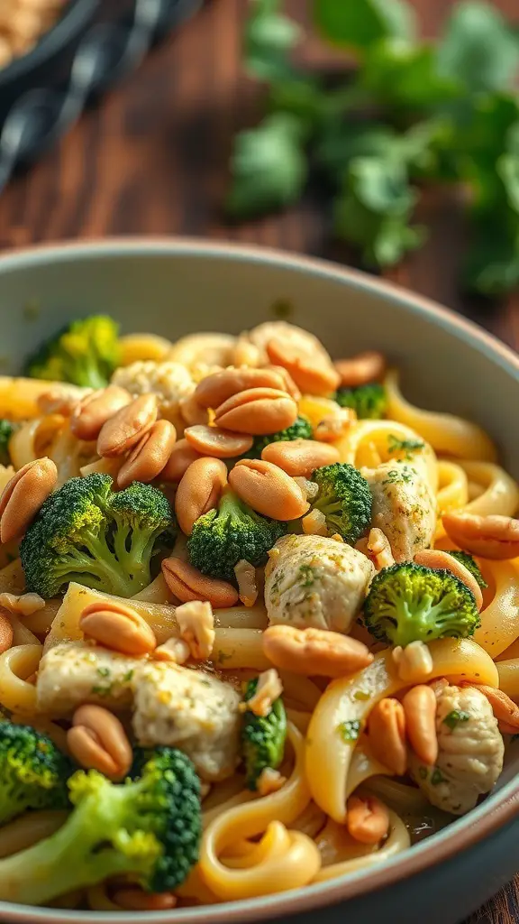 A bowl of Pesto Chicken and Broccoli Casserole with pasta, chicken, broccoli, and nuts.