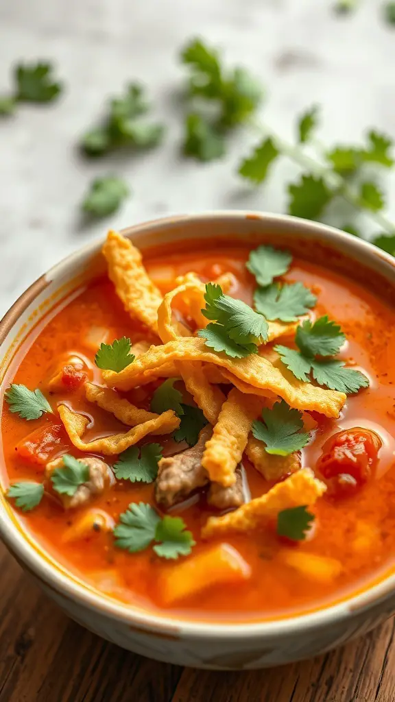 A bowl of spicy turkey tortilla soup garnished with cilantro and tortilla strips.