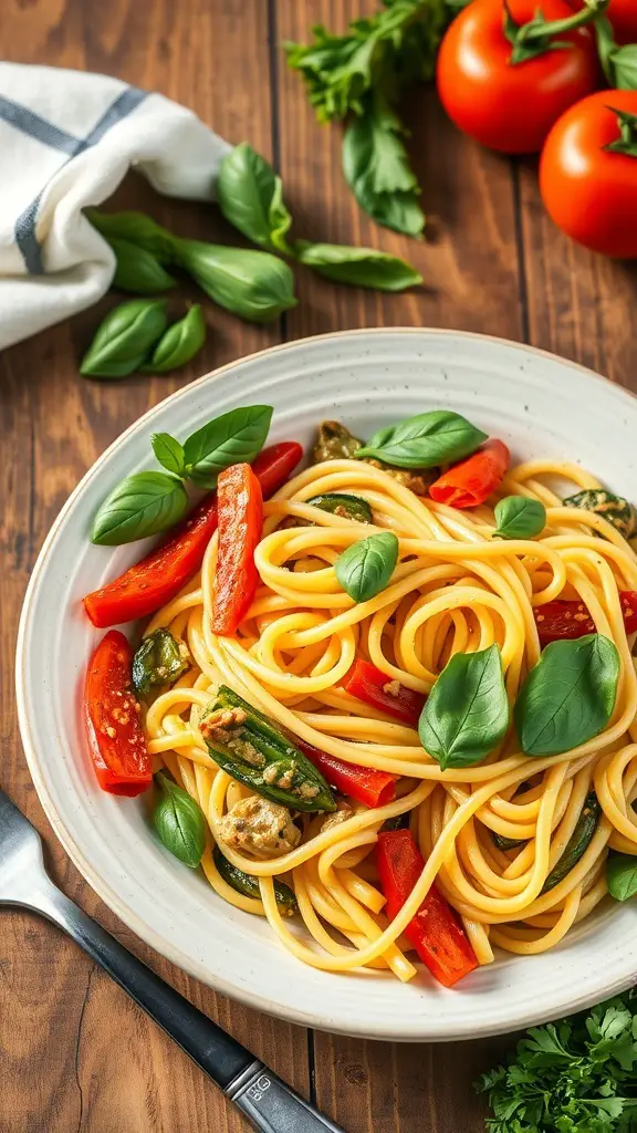 A plate of Vegetable Primavera Rigatoni with colorful vegetables and fresh basil.