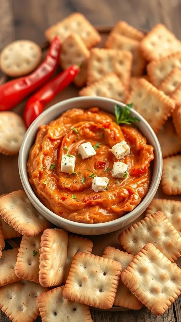 A bowl of roasted red pepper and feta spread surrounded by crackers and red chili peppers.