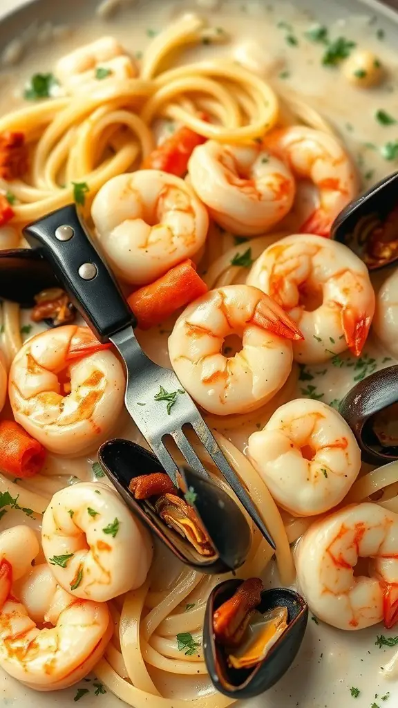 A plate of Seafood Alfredo Medley featuring shrimp, mussels, and pasta in creamy sauce.