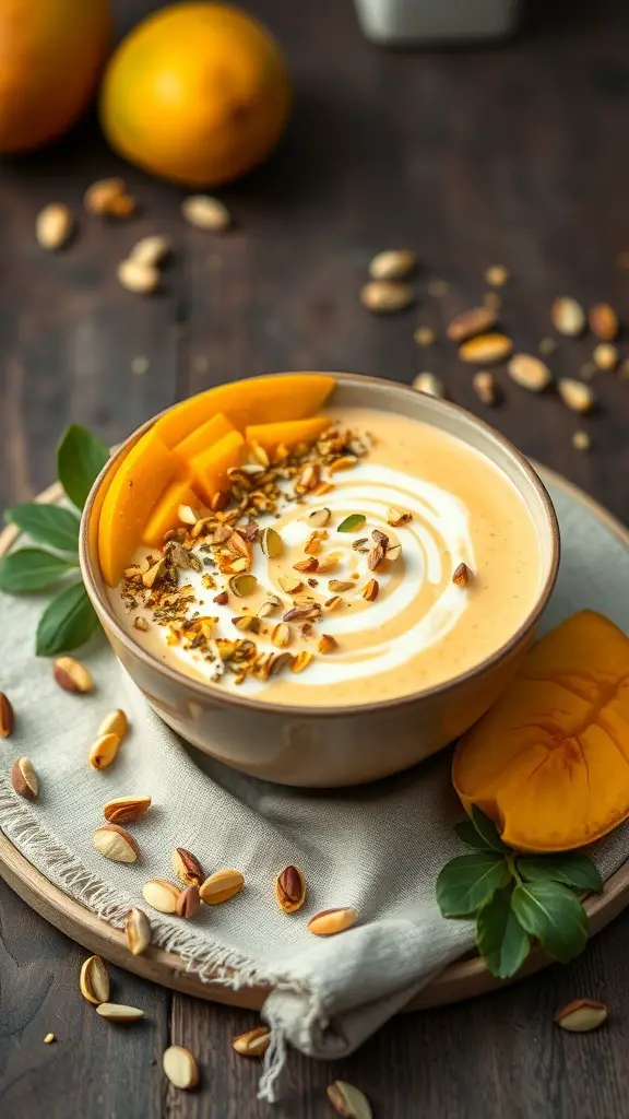 A bowl of mango lassi inspired smoothie topped with mango slices, nuts, and yogurt.
