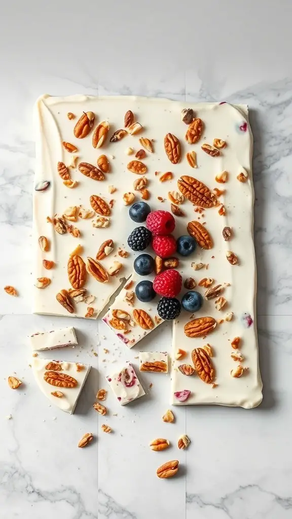 A slab of frozen yogurt bark topped with nuts and berries, broken into pieces on a marble surface.