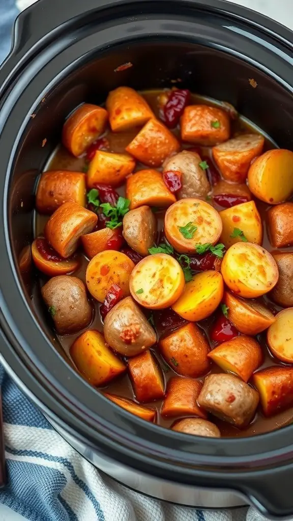 A close-up view of a crockpot filled with spicy sausage and potato casserole, featuring chunks of sausage and potatoes in a rich sauce.