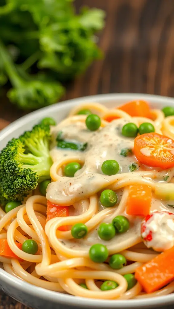 A bowl of Vegetable Alfredo Fettuccine with broccoli, peas, and carrots in a creamy sauce.