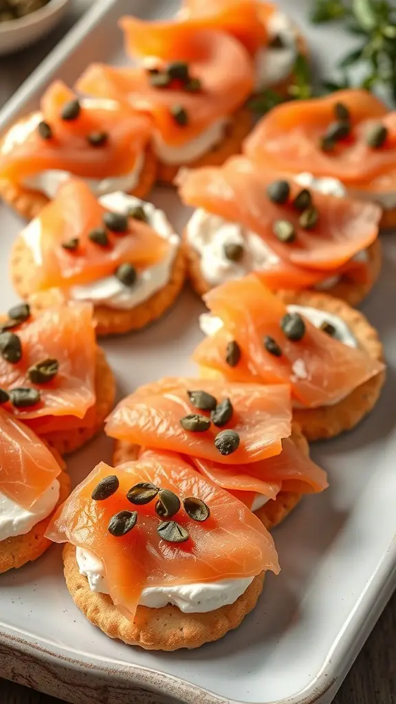 A platter of smoked salmon and cream cheese bites on Triscuit crackers, garnished with capers.