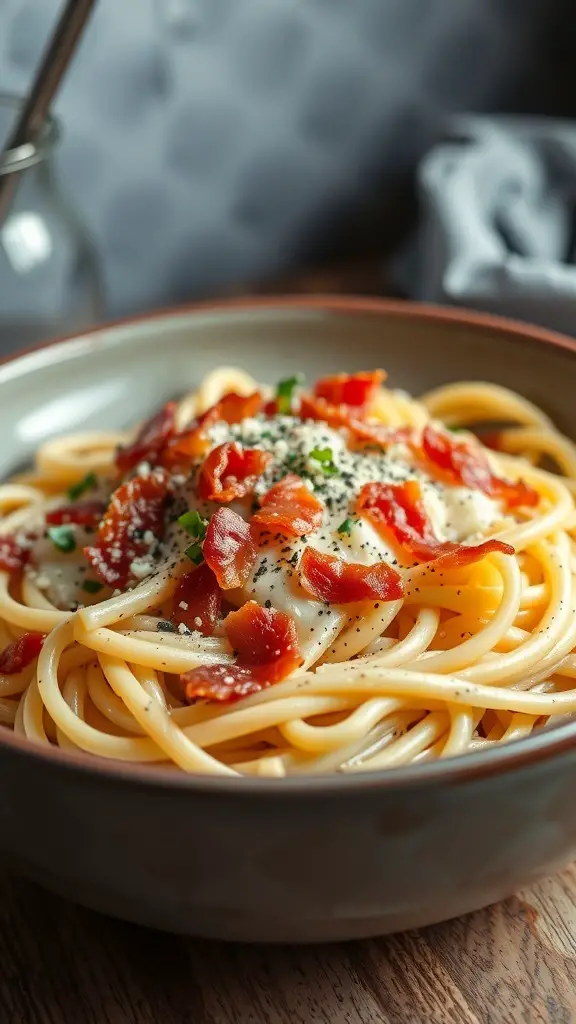 A bowl of Pasta Carbonara topped with crispy bacon and herbs