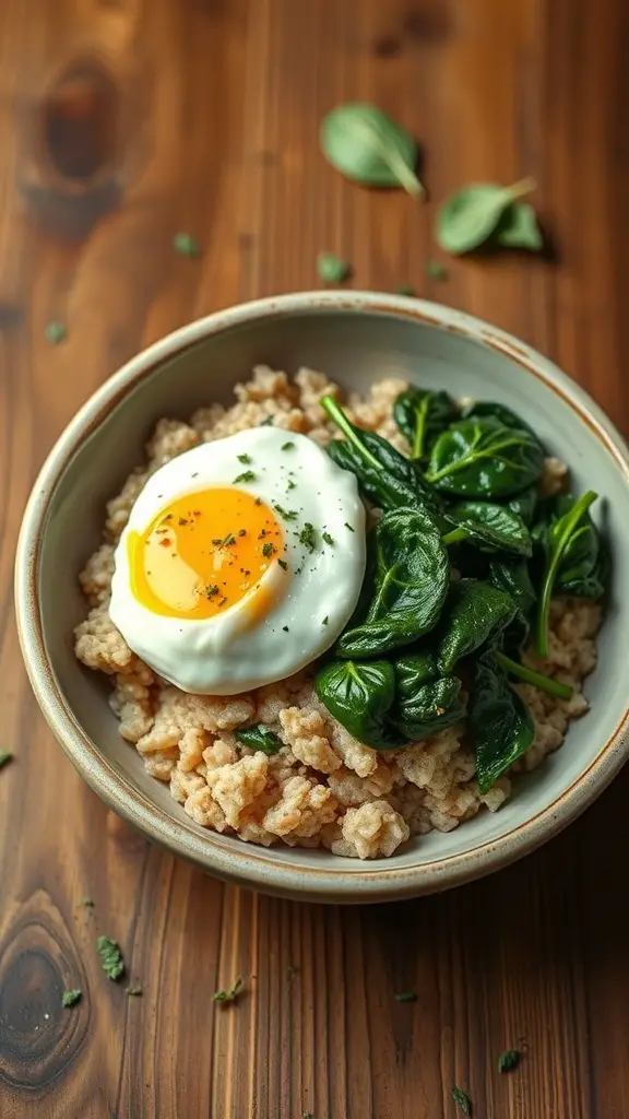 A bowl of savory oatmeal topped with spinach and a poached egg on a wooden table.