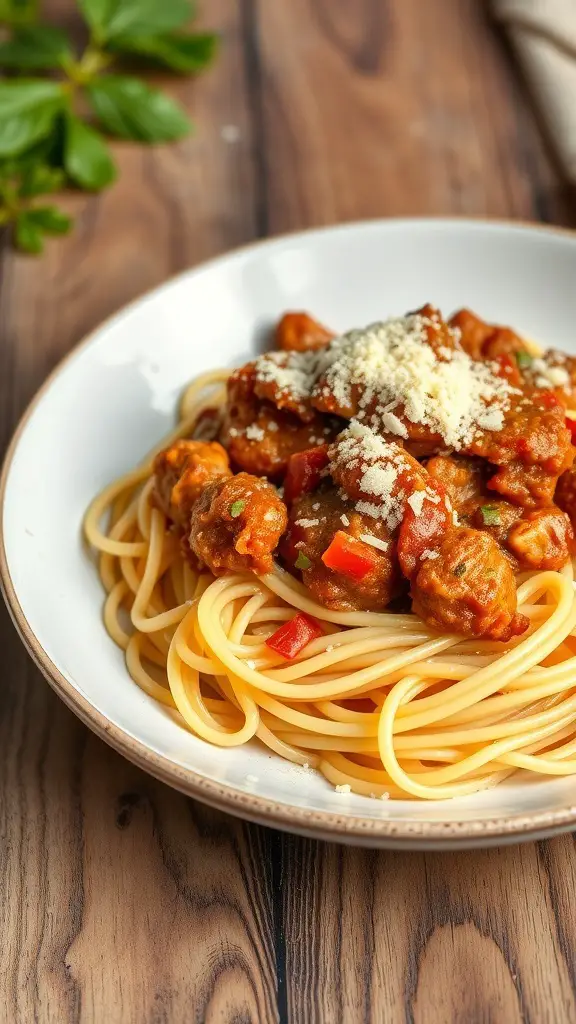 A plate of spaghetti topped with wild turkey Bolognese sauce, garnished with Parmesan cheese.