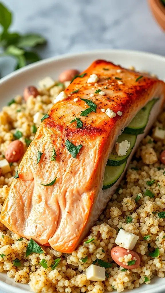 Zucchini and feta stuffed salmon on a plate with couscous and garnished with herbs.