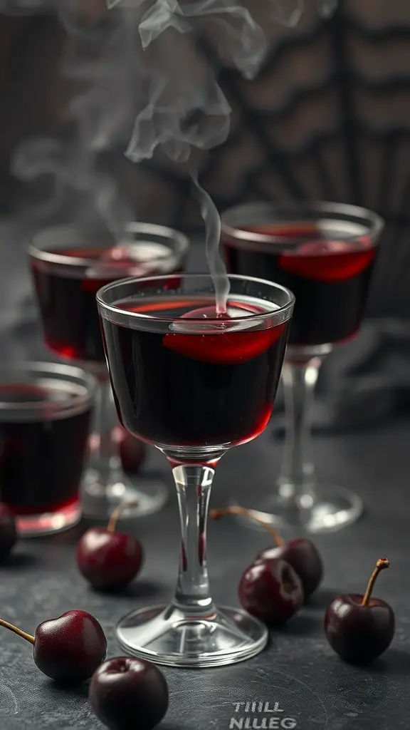 Mysterious black cherry jello shots with smoke effect and fresh cherries