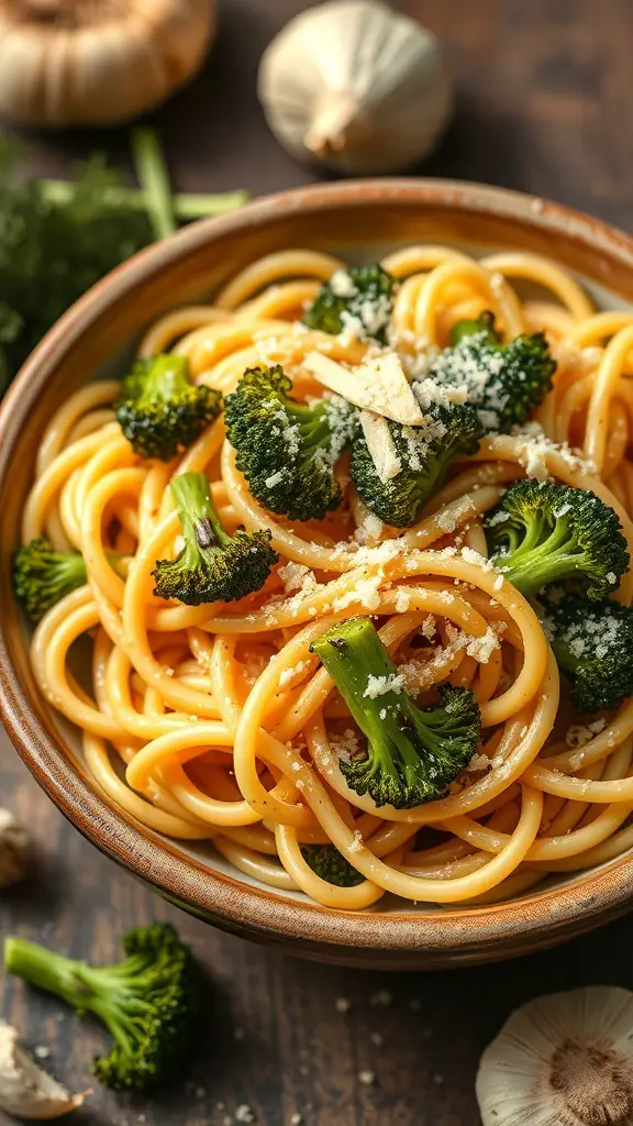 A bowl of pasta with roasted garlic and broccoli, garnished with cheese, surrounded by garlic cloves.