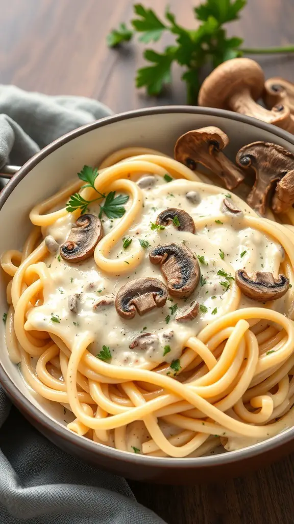 A bowl of Mushroom Alfredo Rigatoni topped with mushrooms and parsley.