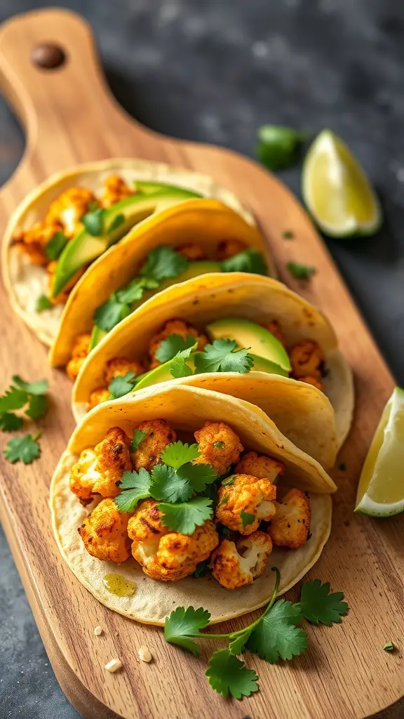 Three cauliflower tacos topped with cilantro and lime on a wooden board.
