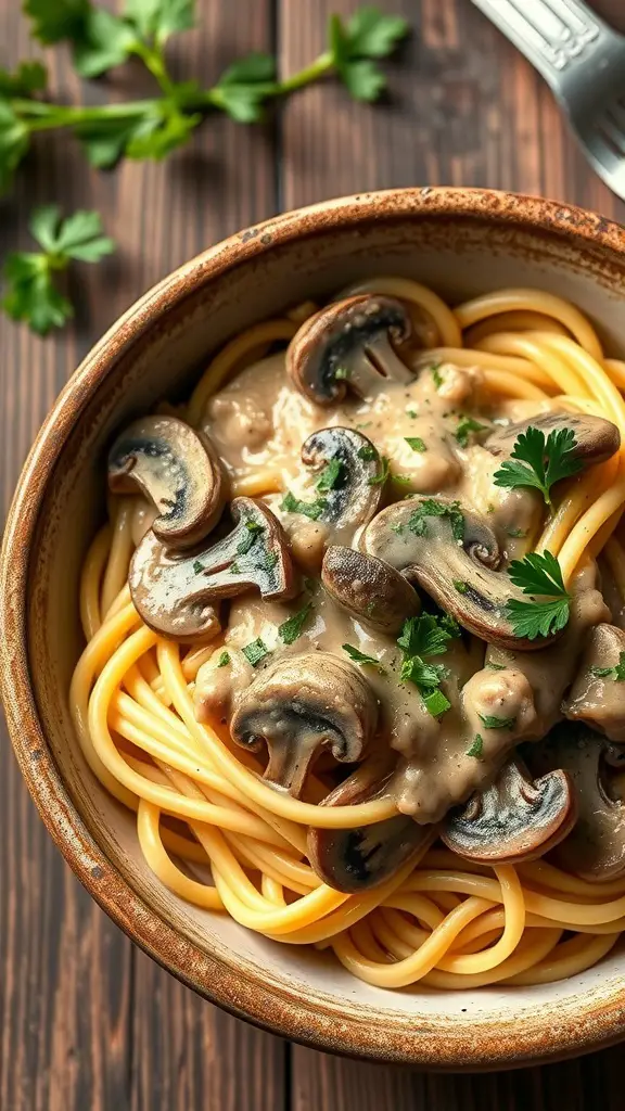 A bowl of Vegan Mushroom Stroganoff with pasta and mushrooms, garnished with parsley.