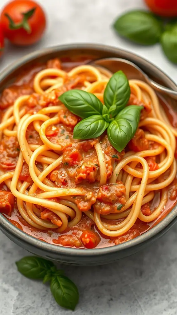 A bowl of creamy tomato basil fettuccine pasta topped with fresh basil leaves.