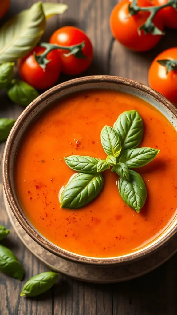 A bowl of creamy tomato basil soup garnished with fresh basil leaves, surrounded by ripe tomatoes and basil on a wooden table.