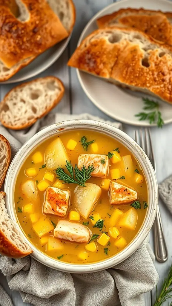 A bowl of salmon chowder with corn and potatoes, served with slices of crusty bread.