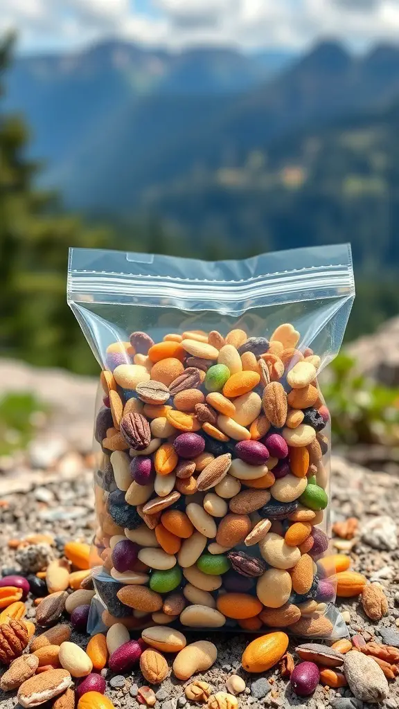 A clear bag filled with a colorful mix of nuts and seeds, set against a scenic mountain backdrop.