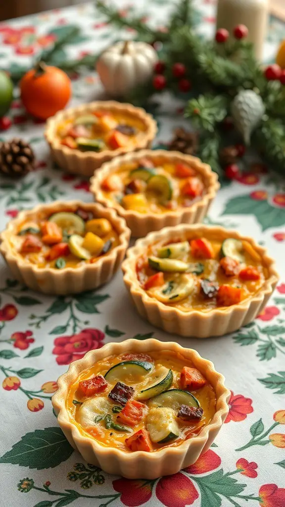 Mini quiches with seasonal vegetables on a floral tablecloth