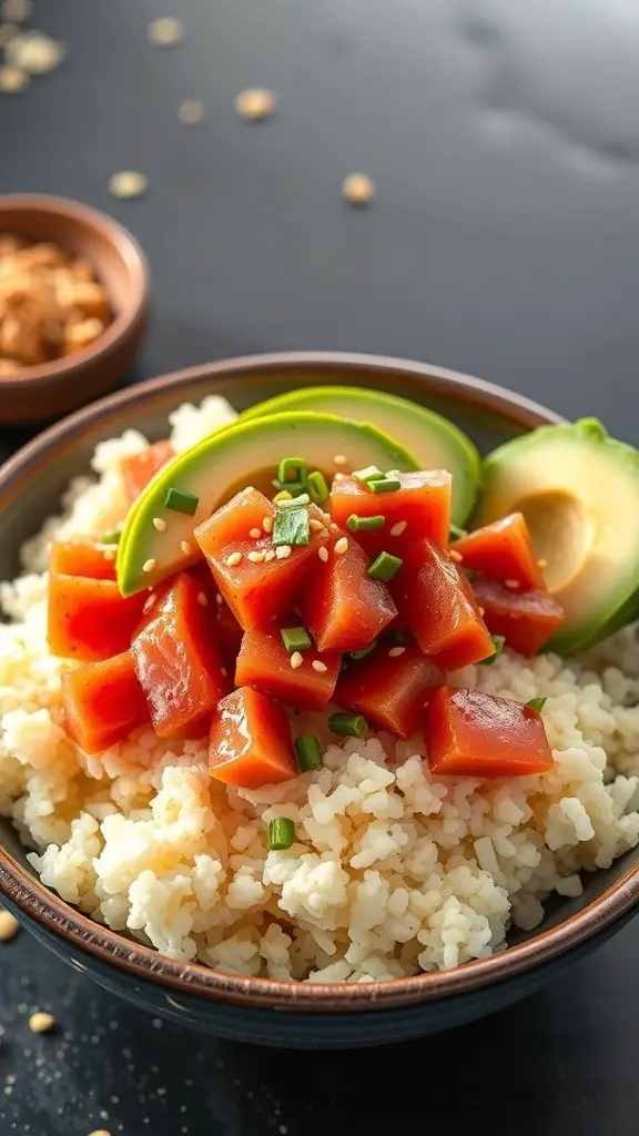 A bowl of Spicy Tuna Poke with rice, diced tuna, avocado, and sesame seeds.