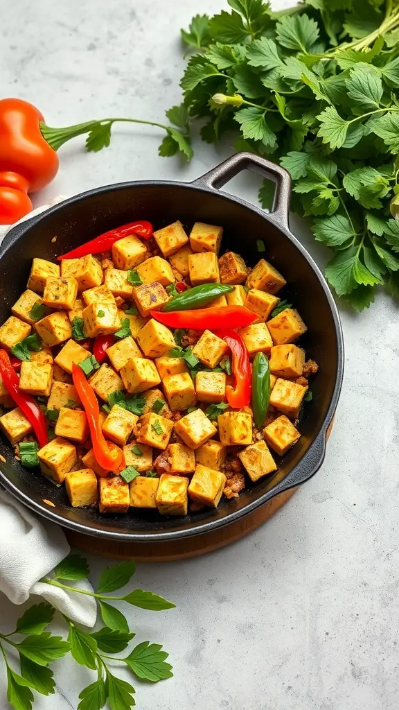 A skillet filled with tofu scramble, featuring golden tofu cubes and colorful bell peppers, garnished with fresh herbs.