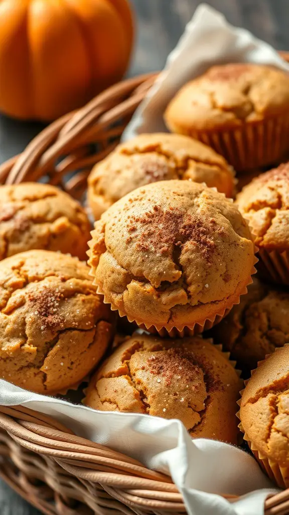 A basket filled with golden brown pumpkin spice protein muffins, with a pumpkin in the background.